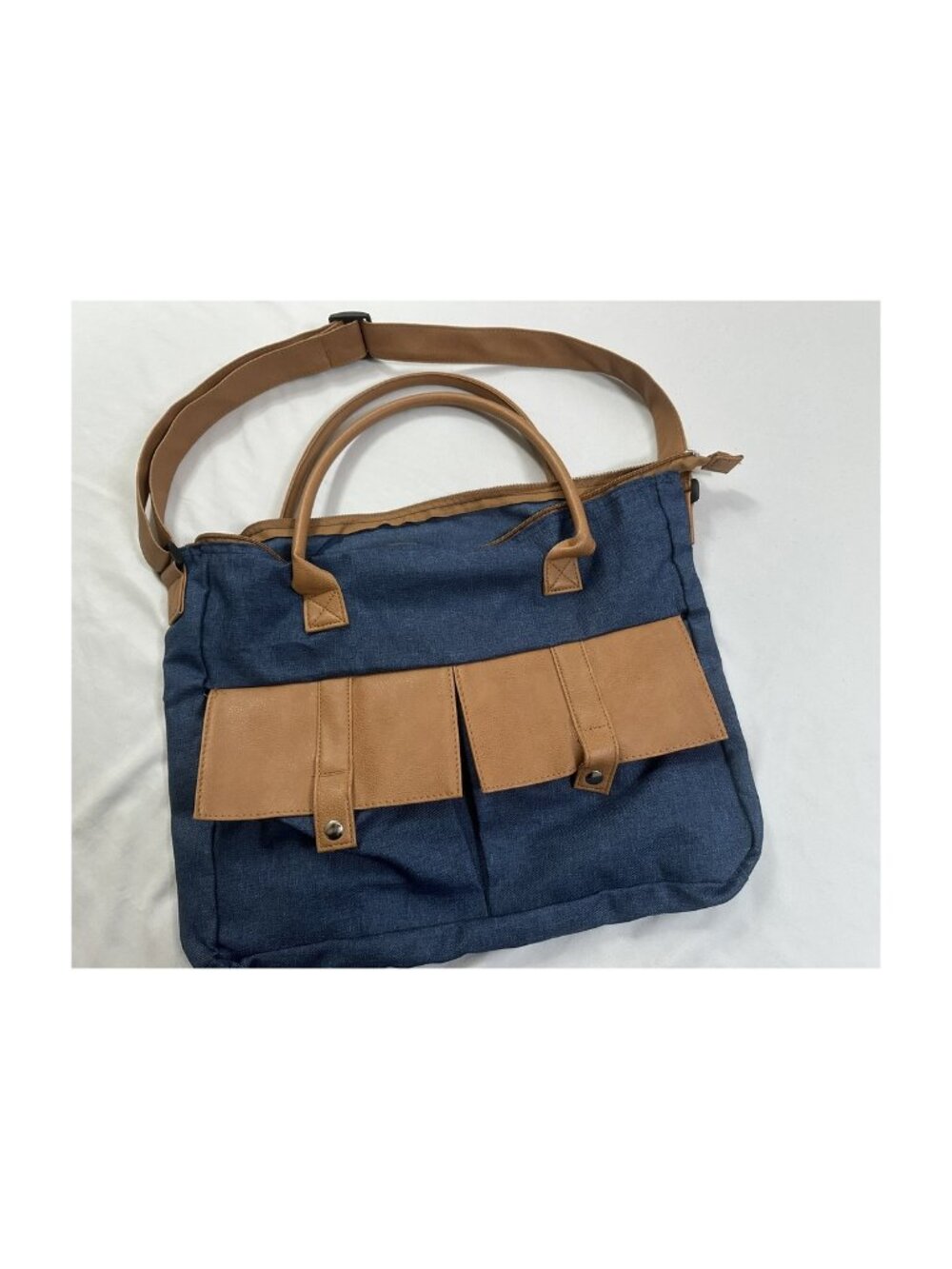 Blue Denim Purse with Tan Leather-Look Trim